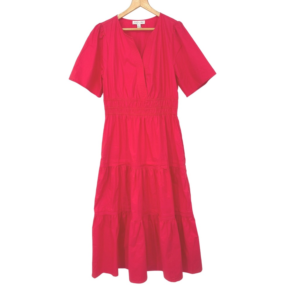SHE + SKY Maxi Dress Women M Pink Tiered Boho Cottage Romantic Festival Casual